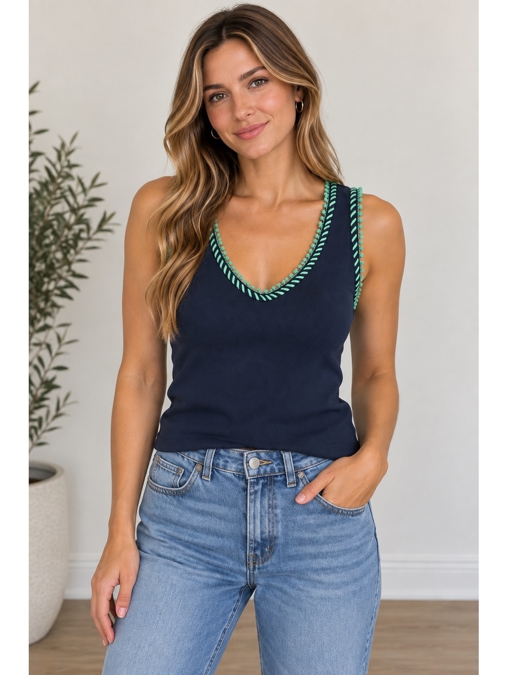 J.Crew Perfect Rib V-Neck Tank Top XL Navy Blue Hand-Stitched Trim NWT